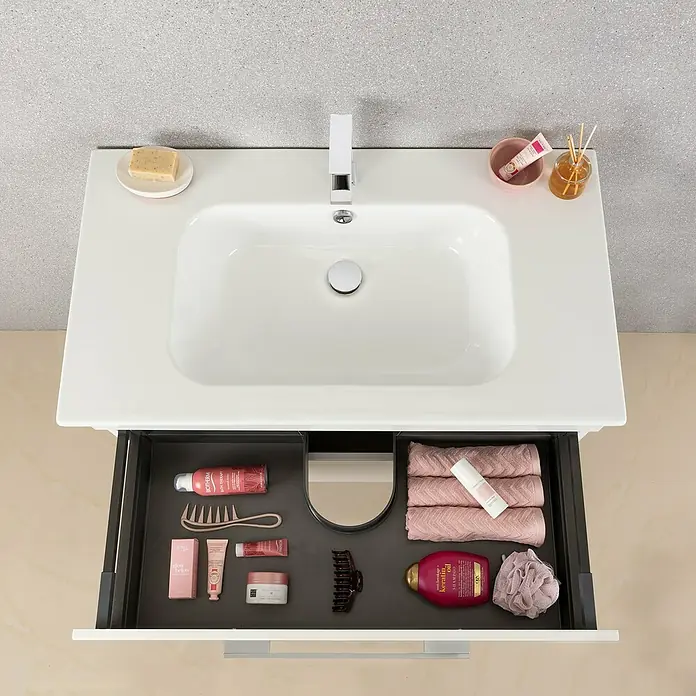 Lanzet K5 Badmöbel-Set K59W2 - 87,9 cm, Weiß - Badezimmerwaschtisch mit Becken und offenem Schubladen mit Pflegeprodukten, Handtüchern und Accessoires für eine stilvolle Badezimmeraufbewahrung.