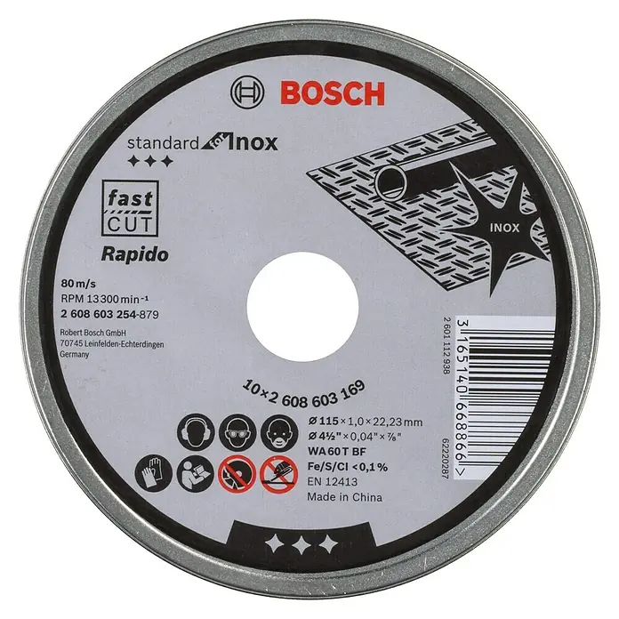 Bosch Disco de corte - Orificio: 22,23 mm, Diámetro del disco: 115 milímetros (mm) - Imagen de un disco de corte Bosch "standard Inox", de Ø115x1,0x22,23 mm, diseñado para el corte rápido y preciso de acero inoxidable.