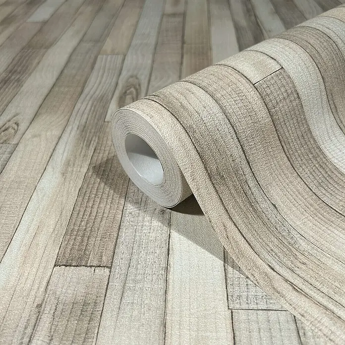 Marburg Struktura Vliestapete Holzdielen - Beige, Holzoptik, 10,05 x 0,53 m - Eine Rolle Holzstruktur-Tapete mit einem realistischen, rustikalen Design, ideal für die Gestaltung gemütlicher Innenräume.