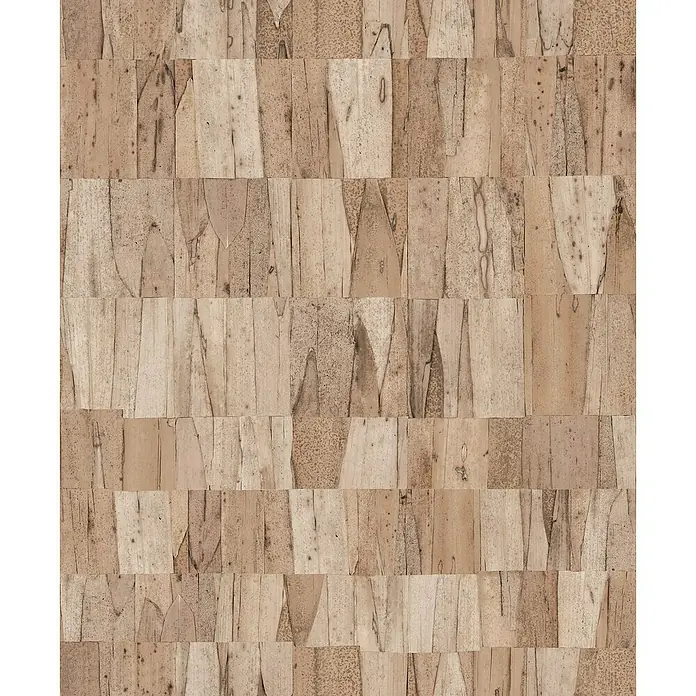 Marburg Struktura Vliestapete Echtholz - Braun, Holzoptik, 10,05 x 0,53 m - Detailansicht einer Wandverkleidung aus hellbraunen, rechteckigen Holzstücken mit natürlicher Maserung und Farbvariationen, die eine rustikale Textur erzeugen.