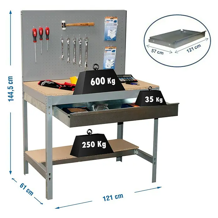 Simonrack Simonwork Banco de trabajo BT2 Box - Gris, Ancho: 121 cm - Banco de trabajo con dimensiones y pesos. El banco de trabajo mide 144,5 cm de alto, 121 cm de ancho y 61 cm de profundidad. La carga máxima es de 885 kg.