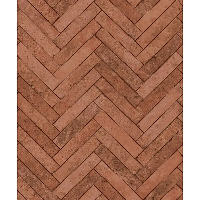 Marburg Struktura Vliestapete Fischgrat - Rot/Braun, Steinoptik, 10,05 x 0,53 m - Das Bild zeigt ein Ziegelmuster, das in einem Fischgrätenmuster angeordnet ist und eine rustikale und warme Atmosphäre erzeugt.
