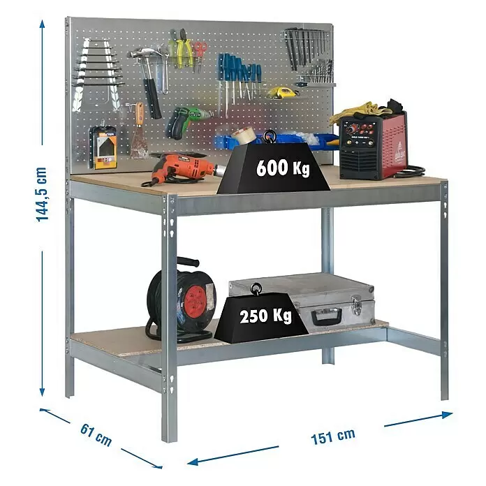 Simonrack Simonwork Banco de trabajo BT2 - Gris, Ancho: 151 cm - Banco de trabajo de acero galvanizado con panel perforado y dos estantes de madera, con herramientas y pesas de 600 kg y 250 kg.