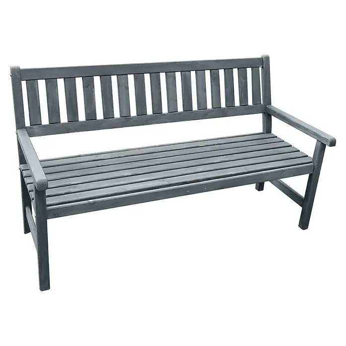 Promadino Gartenbank Johanna - B x T x H: 154 x 71 x 88,5 cm, Kiefer, Grau - Eine graue Holzgartenbank mit Armlehnen und Lattenmuster auf Sitzfläche und Rückenlehne, die zum Entspannen im Freien einlädt.