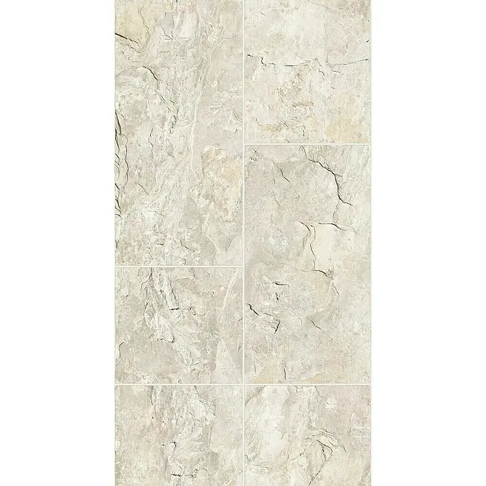 Marburg Struktura Vliestapete - Beigegrau, Fliesenoptik, 10,05 x 0,53 m - Nahaufnahme von hellen Steinzeugfliesen, die eine natürliche und robuste Textur für Boden- oder Wandbeläge bieten.