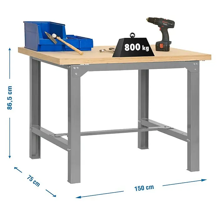 Simonrack Simonwork Banco de trabajo BT6 - L x An: 75 x 150 cm, Altura de trabajo: 86,5 cm, Carga soportada: 600 kg, Gris - La robusta mesa de banco de trabajo mide 150 x 75 x 86,5 cm, proporcionando una superficie de trabajo estable.