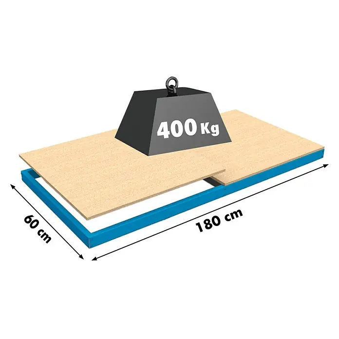 Regalux Balda adicional - L x An x Al: 180 x 60 x 1,2 cm - Ilustración de una construcción de suelo que soporta un peso de 400 kg. Las dimensiones están marcadas con 60 cm y 180 cm, destacando su tamaño.