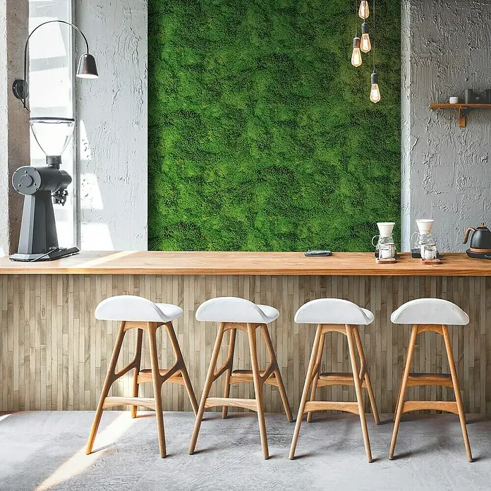 Marburg Struktura Vliestapete Moosoptik - Grün, Floral, 10,05 x 0,53 m - Bild von vier Barhockern mit Holzbeinen und weißen Sitzen, die an einer Bartheke stehen. Der Hintergrund ist eine grüne Wand.