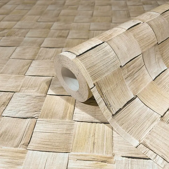 Marburg Struktura Vliestapete 3D-Geflecht - Hellbeige, 3D-Optik, 10,05 x 0,53 m - Ein Foto von einer Rolle Holz-Optik Tapete. Das Muster imitiert eine gewebte Holzoberfläche und verleiht Räumen eine rustikale Note.