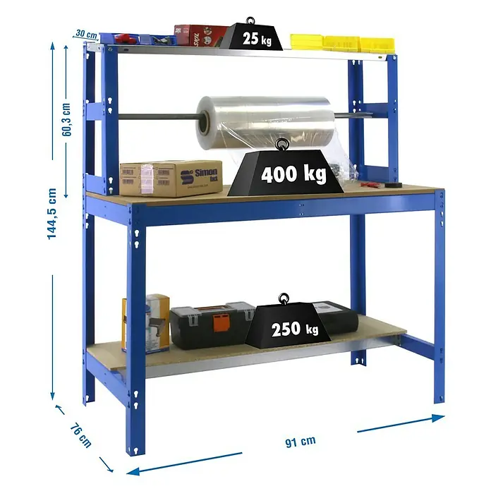 Simonrack Simonwork Banco de trabajo BT4 - L x An: 76 x 91 cm, Altura de trabajo: 144 cm, Carga soportada: 675 kg, Azul - Estantería azul con dos estantes y una superestructura con especificaciones de peso.