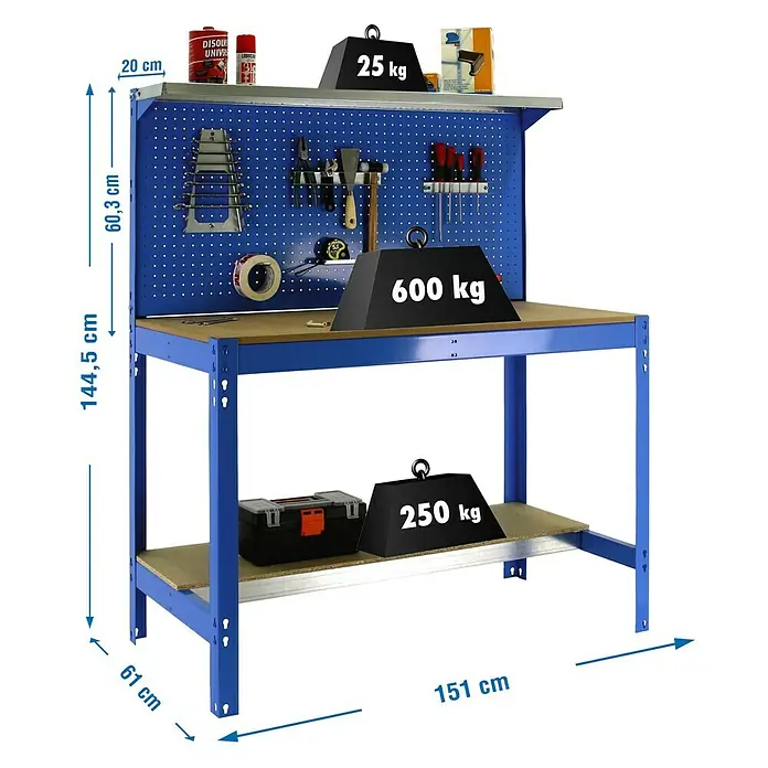 Simonrack Simonwork Banco de trabajo BT3 - L x An: 61 x 151 cm, Altura de trabajo: 144,5 cm, Carga soportada: 600 kg, Azul - Banco de trabajo con panel perforado, estante y dimensiones 144,5 x 151 x 61 cm. Ideal para tareas de taller y almacenamiento de herramientas.