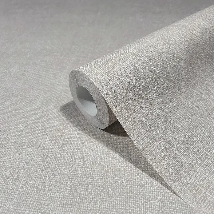 Marburg Struktura Vliestapete Struktur - Grau/Beige, Uni, 10,05 x 0,53 m - Rolle grauer Textiltapete. Die Tapete hat eine feine, gewebte Struktur und ist aufgerollt, um ihre Textur und Farbe zu zeigen.