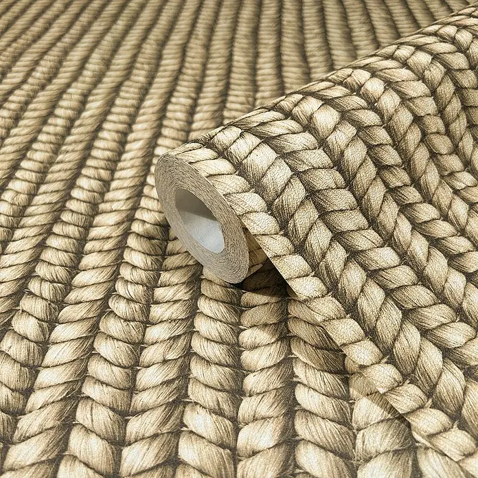 Marburg Struktura Vliestapete Holzgeflecht Textiloptik - Beige/Braun, Holzoptik, 10,05 x 0,53 m - Nahaufnahme einer Rolle Stricktapete, die eine warme, gemütliche Atmosphäre für jeden Raum schafft.