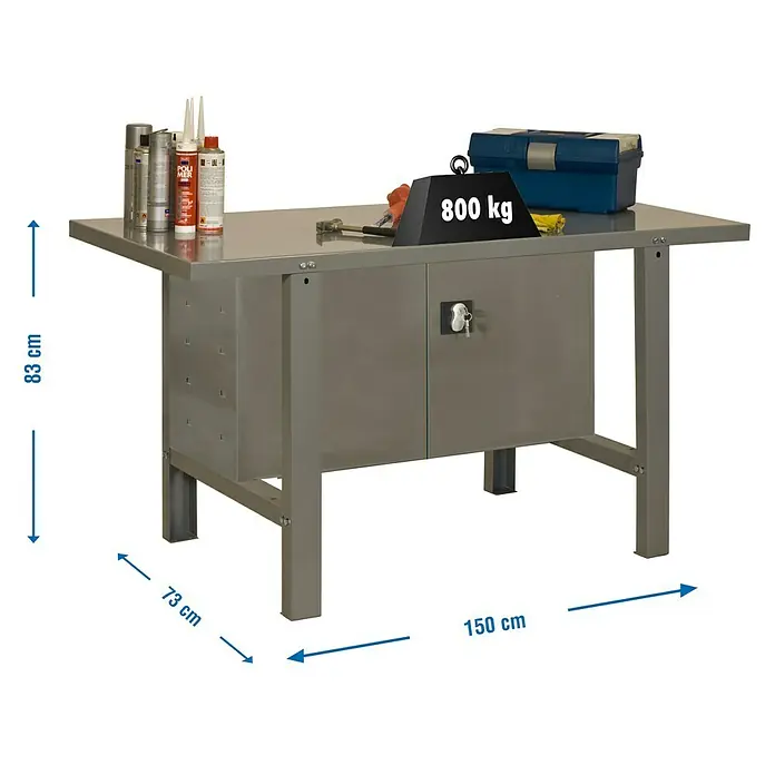 Simonrack Simonwork Banco de trabajo BT6 Cabinet Metal - L x An: 73 x 150 cm, Altura de trabajo: 83 cm, Carga soportada: 600 kg, Gris - Un banco de trabajo robusto con armario, con unas medidas de 150 cm de largo, 73 cm de ancho y 83 cm de alto, capacidad de carga hasta 800 kg.