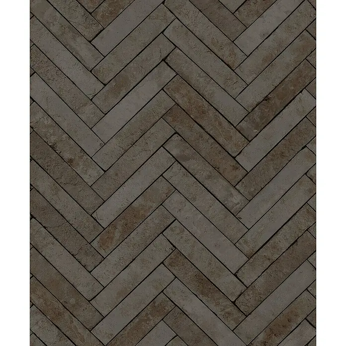 Marburg Struktura Vliestapete Fischgrät - Anthrazit, Steinoptik, 10,05 x 0,53 m - Das Bild zeigt eine Nahaufnahme eines braunen Ziegelmauerwerks im Fischgrätmuster, perfekt für rustikale Hintergründe.