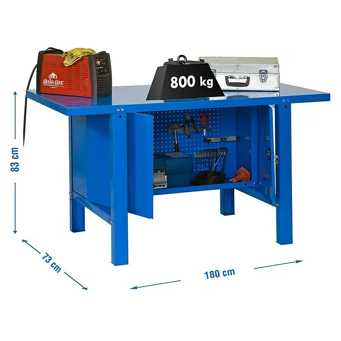 Simonrack Simonwork Banco de trabajo BT6 Cabinet Metal - L x An: 73 x 180 cm, Altura de trabajo: 83 cm, Carga soportada: 600 kg, Azul - Banco de trabajo azul con herramientas, soldadora y visualización de peso de 800 kg para la capacidad de carga.