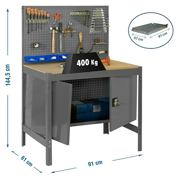 Simonrack Simonwork Banco de trabajo BT2 Locker - L x An: 61 x 91 cm, Altura de trabajo: 144,5 cm, Carga soportada: 400 kg, Gris - Banco de trabajo con panel portaherramientas, cajón y compartimento de armario. El banco es ideal para talleres y aficiones.