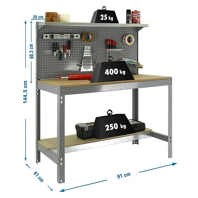 Simonrack Simonwork Banco de trabajo BT3 - L x An: 61 x 151 cm, Altura de trabajo: 144,5 cm, Carga soportada: 600 kg, Gris - Banco de trabajo de 144,5 x 91 x 61 cm, equipado con un panel perforado y estantes para el almacenamiento de herramientas y materiales.