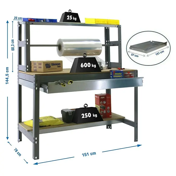 Simonrack Simonwork Banco de trabajo BT4 Box - L x An: 76 x 151 cm, Altura de trabajo: 144,5 cm, Carga soportada: 875 kg, Gris - Banco de trabajo con dimensiones y especificaciones de peso.