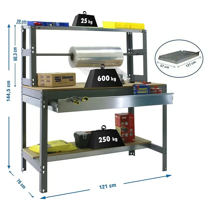 Simonrack Simonwork Banco de trabajo BT4 Box - L x An: 76 x 121 cm, Altura de trabajo: 144,5 cm, Carga soportada: 875 kg, Gris - Ilustración de un banco de trabajo con estantes, un cajón y especificaciones de tamaño. Ideal para talleres o garajes con capacidad máxima de carga.