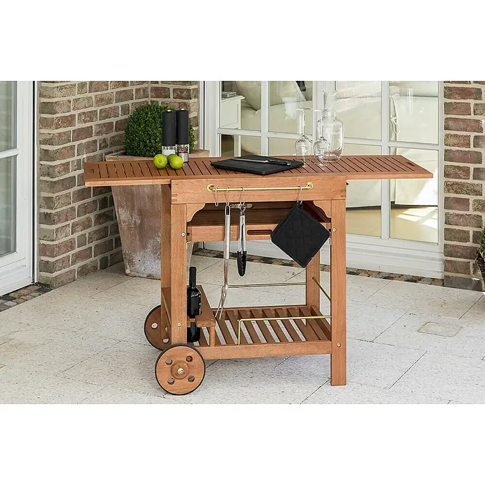 Promadino Servierwagen - 75 x 60 x 107 cm, Holzart: Eukalyptus - Der Outdoor-Servierwagen aus Holz mit Rädern, Ablageflächen und einer ausklappbaren Tischplatte bietet stilvollen Komfort im Freien.