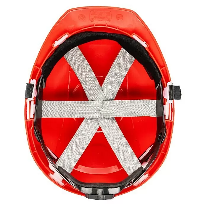 GBT Schutzhelm M100 - Rot - Roter Schutzhelm innen mit grauem Gurtsystem, schwarzer Polsterung und hinterem Einstellrad.