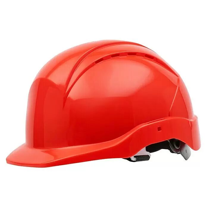 GBT Schutzhelm M100 - Rot - Roter Schutzhelm aus glänzendem Kunststoff, Seitenansicht.