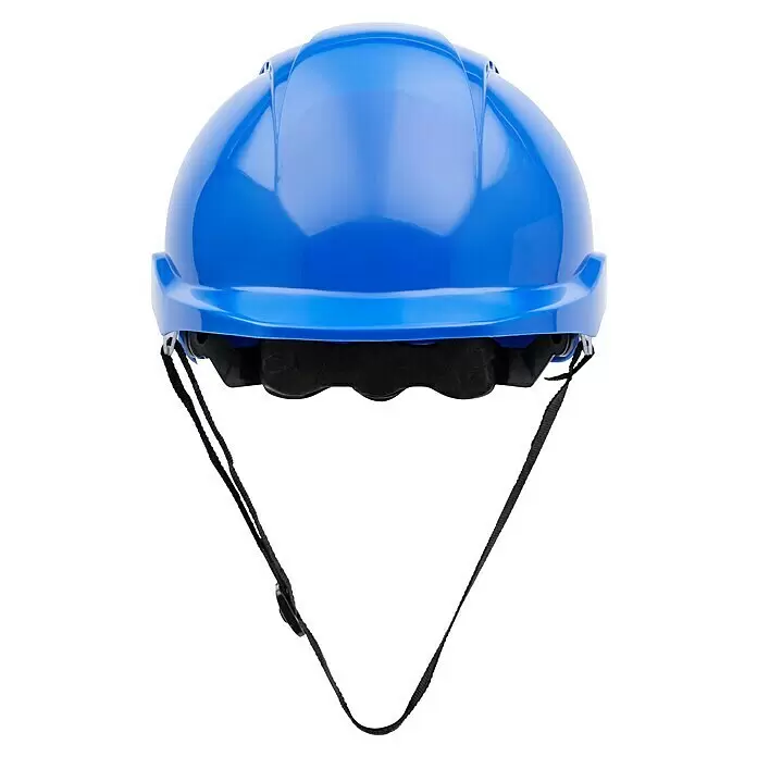 GBT Schutzhelm M100 - Blau - Vorderansicht eines blauen Schutzhelms mit schwarzem Kinnriemen.