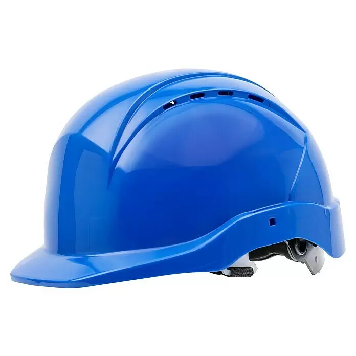 GBT Schutzhelm M100 - Blau - Blauer Schutzhelm mit Lüftungsschlitzen, Seitenansicht.