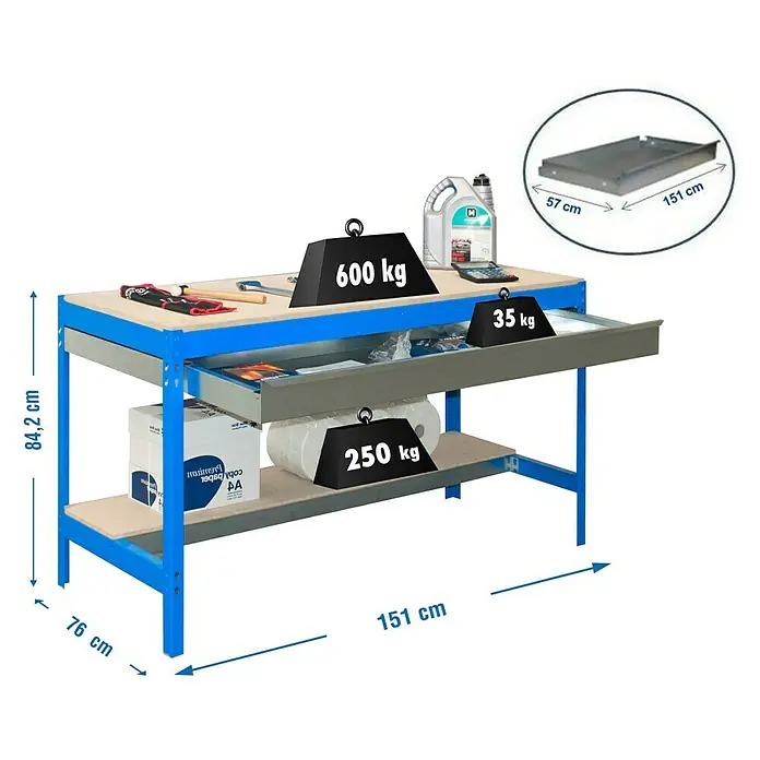 Simonrack Simonwork Banco de trabajo BT0 Box - L x An: 76 x 151 cm, Altura de trabajo: 84,2 cm, Carga soportada: 885 kg, Azul - Un banco de trabajo azul con cajón, estante inferior y capacidades de peso etiquetadas para un uso seguro.