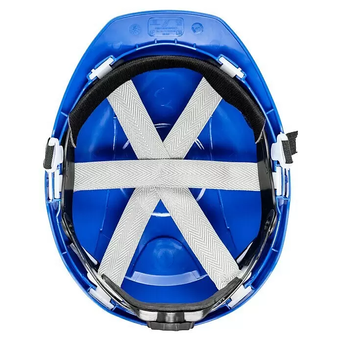 GBT Schutzhelm M100 - Blau - Innenansicht eines blauen Schutzhelms mit weißem Gurtband-Innensystem und schwarzer Polsterung.