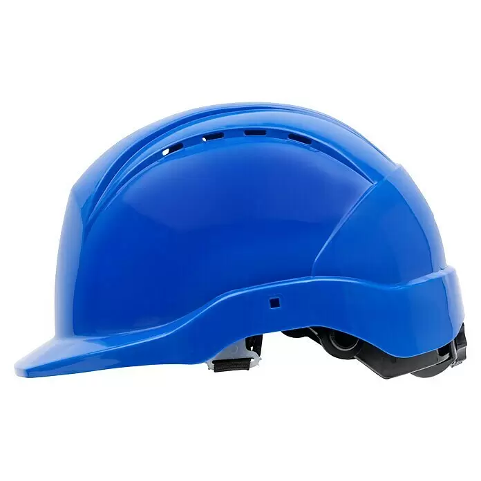 GBT Schutzhelm M100 - Blau - Blauer Schutzhelm mit Lüftungsschlitzen, von der Seite gesehen.