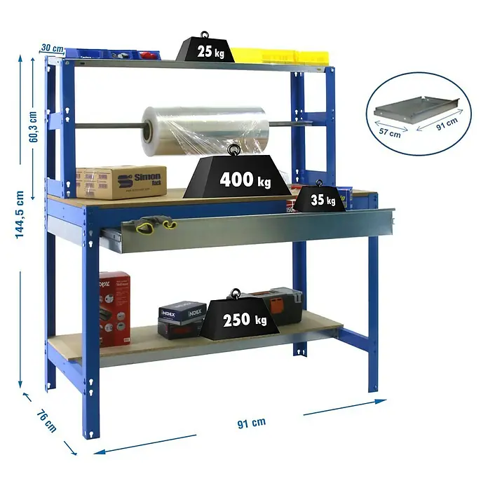 Simonrack Simonwork Banco de trabajo BT4 Box - L x An: 76 x 91 cm, Altura de trabajo: 144,5 cm, Carga soportada: 675 kg, Azul - Un robusto banco de trabajo azul con múltiples estantes, cargado con herramientas y materiales, ideal para talleres.