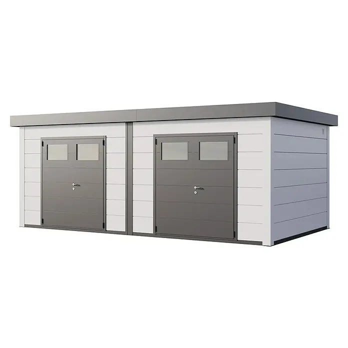 Telluria Metallgerätehaus Duo 3336+ inkl. Elektro-Set - Außenmaß inkl. Dachüberstand (B x T): 672 x 388 cm, Stahl, Weiß, Inkl. Innenwandverkleidung & Elektro-Set - Ein geräumiges Gerätehaus mit zwei grauen Türen und weißen Wänden bietet viel Stauraum für Gartengeräte und Werkzeuge.