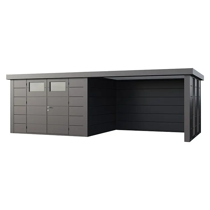 Telluria Metallgerätehaus Classico 3330 mit Lounge L rechts inkl. 2 Fenster - Außenmaß inkl. Dachüberstand (B x T): 692 x 318 cm, Stahl, Anthrazit, Ohne Set - Ein modernes Gerätehaus mit Flachdach und integriertem Carport in Anthrazit. Ideal für Gartenutensilien und als Unterstand für Fahrzeuge.