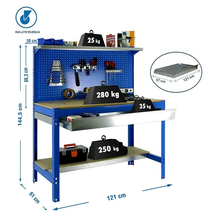Simonrack Simonwork Banco de trabajo BT3 Box Mobile - L x An: 61 x 121 cm, Altura de trabajo: 144,5 cm, Carga soportada: 120 kg, Azul - Imagen de un banco de trabajo con accesorios, pesos de carga e indicaciones de dimensiones.