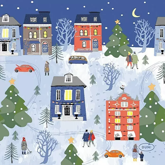 Duni Serviette - 20 Stk., 24 x 24 cm, Winter Wonders - Eine märchenhafte Illustration eines verschneiten Winterdorfes bei Nacht mit festlichen Häusern, geschmückten Bäumen und eingepackten Menschen.