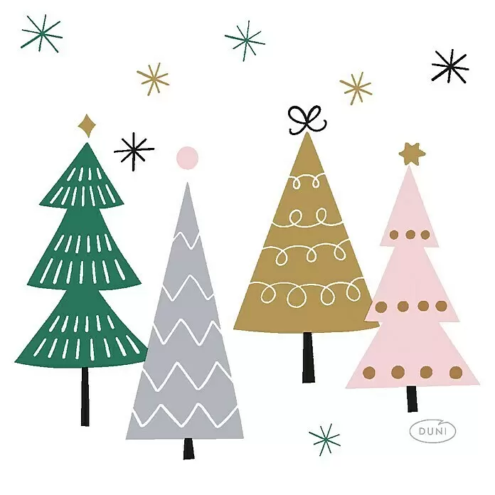 Duni Serviette - 20 Stk., 24 x 24 cm, Noel Trees - Vier stilisierte Weihnachtsbäume in Grün, Grau, Gold und Rosa, mit Mustern und verstreuten Schneeflocken.