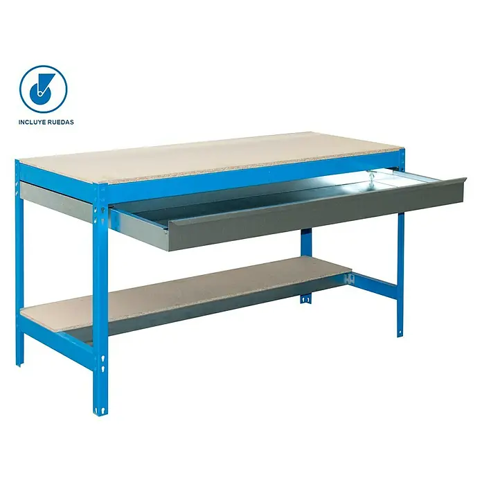 Simonrack Simonwork Banco de trabajo BT0 Box Mobile - L x An: 76 x 121 cm, Altura de trabajo: 91,7 cm, Carga soportada: 120 kg, Azul - Banco de trabajo con cajón y estante. El banco de trabajo tiene un marco azul y una superficie de trabajo clara.