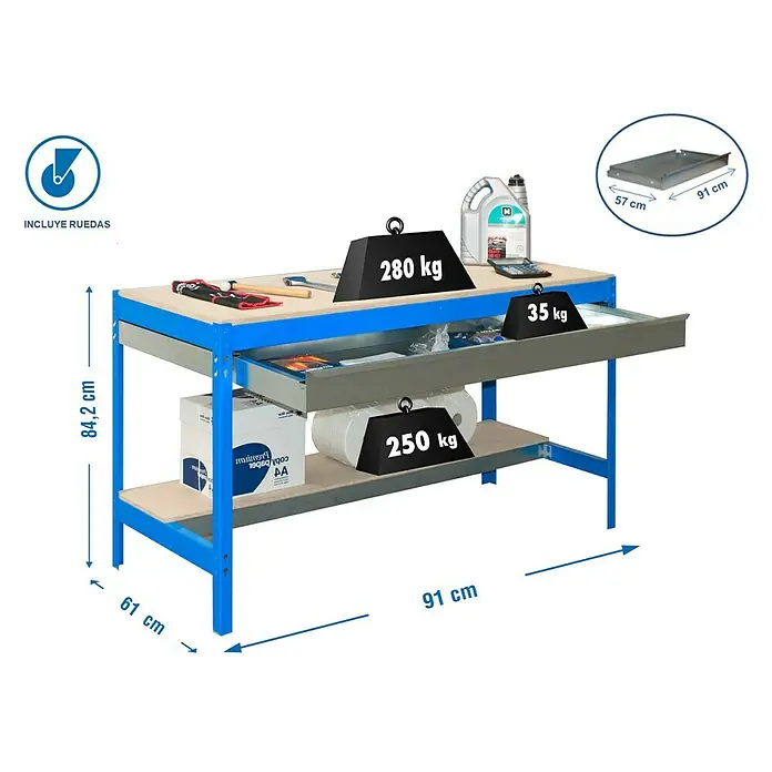 Simonrack Simonwork Banco de trabajo BT0 Box Mobile con panel 60 cm - L x An: 61 x 90 cm, Altura de trabajo: 95 cm, Carga soportada: 120 kg, Azul - Imagen de un banco de trabajo con dimensiones e indicaciones de peso, incluyendo cajón y estante.