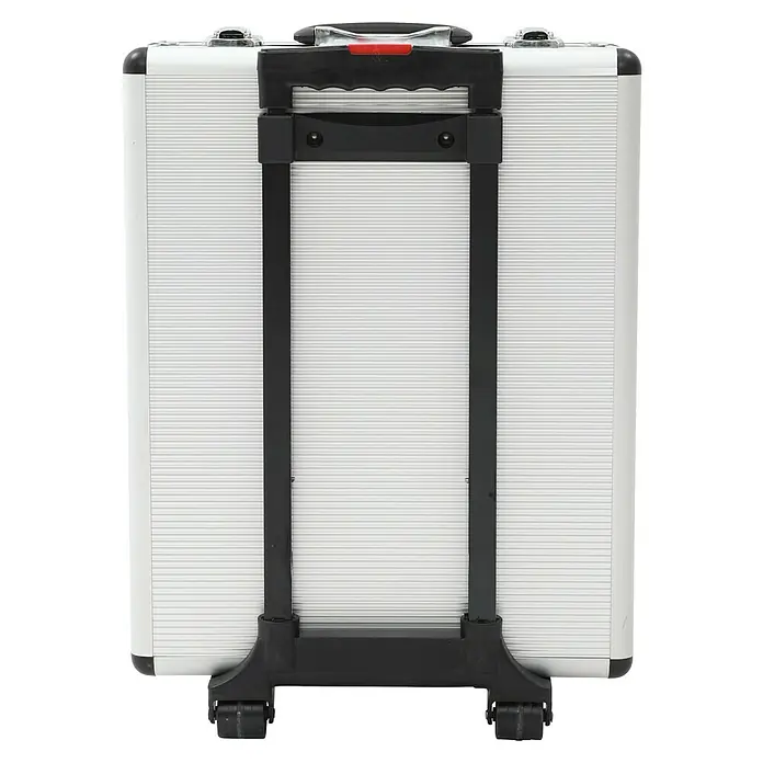 Fulmo Maletín de herramientas - 187 pzs. - Primer plano de una caja de herramientas plateada con asa telescópica y ruedas, ideal para transportar herramientas.
