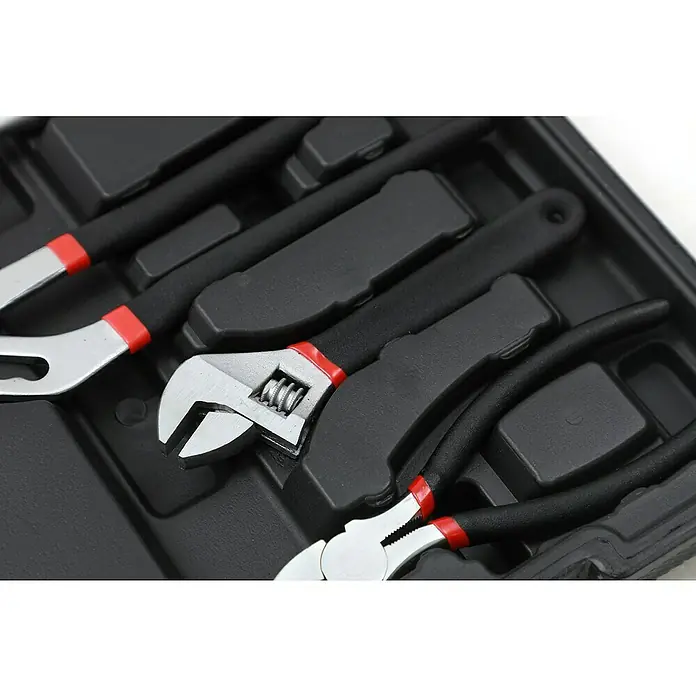 Fulmo Maletín de herramientas - 187 pzs. - Juego de herramientas en caja negra con llave inglesa, alicates y diversas herramientas, ideal para reparaciones y proyectos de bricolaje.