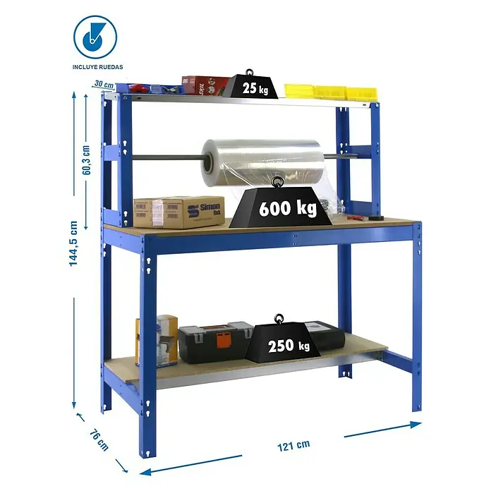 Simonrack Simonwork Banco de trabajo BT4 Mobile - L x An: 76 x 121 cm, Altura de trabajo: 144,5 cm, Carga soportada: 120 kg, Azul - Imagen de un banco de trabajo azul con dos estantes y diversos objetos sobre él, incluyendo indicaciones de peso.