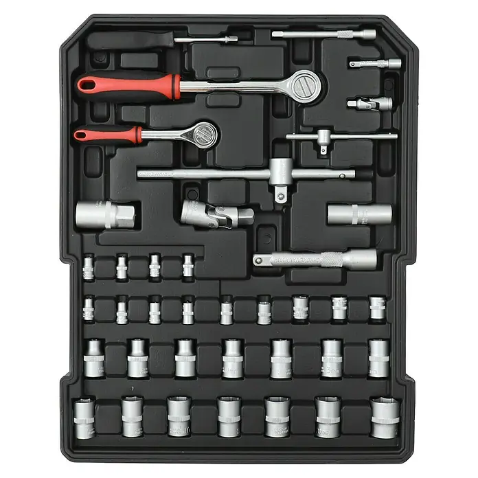 Fulmo Maletín de herramientas - 187 pzs. - Kit de herramientas que contiene varios vasos y carracas en un maletín negro, ideal para reparaciones.