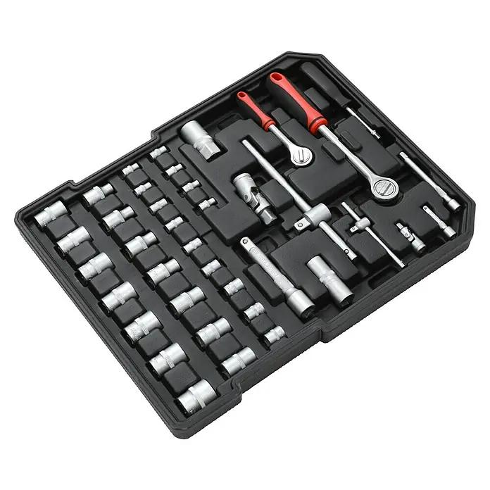 Fulmo Maletín de herramientas - 187 pzs. - Caja de herramientas que muestra una variedad de vasos, extensiones y carracas. Ideal para reparaciones y mantenimiento.