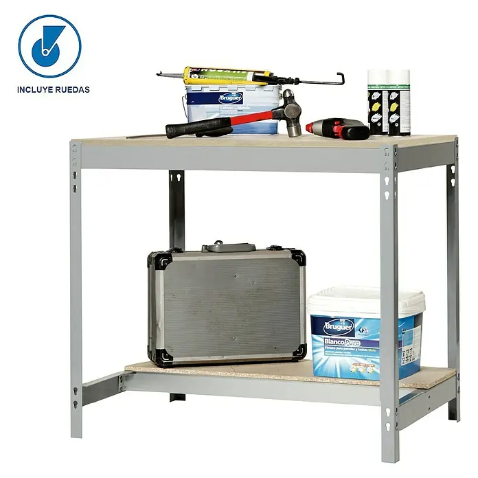 Simonrack Simonwork Banco de trabajo BT0 Mobile - L x An: 95,7 x 151 cm, Altura de trabajo: 91,7 cm, Carga soportada: 120 kg, Gris - Imagen del banco de trabajo con marco robusto y dos estantes con herramientas como martillo, destornillador y rodillos de pintura.