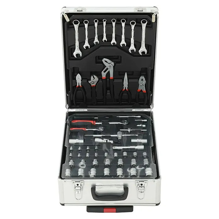 Fulmo Maletín de herramientas - 187 pzs. - Una caja de herramientas de aluminio abierta que muestra una variedad de herramientas, incluyendo llaves, alicates y enchufes, bien organizadas.