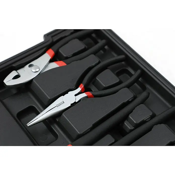 Fulmo Maletín de herramientas - 187 pzs. - Primer plano de una caja de herramientas con surtido de alicates con detalles rojos, ideales para trabajos de precisión.