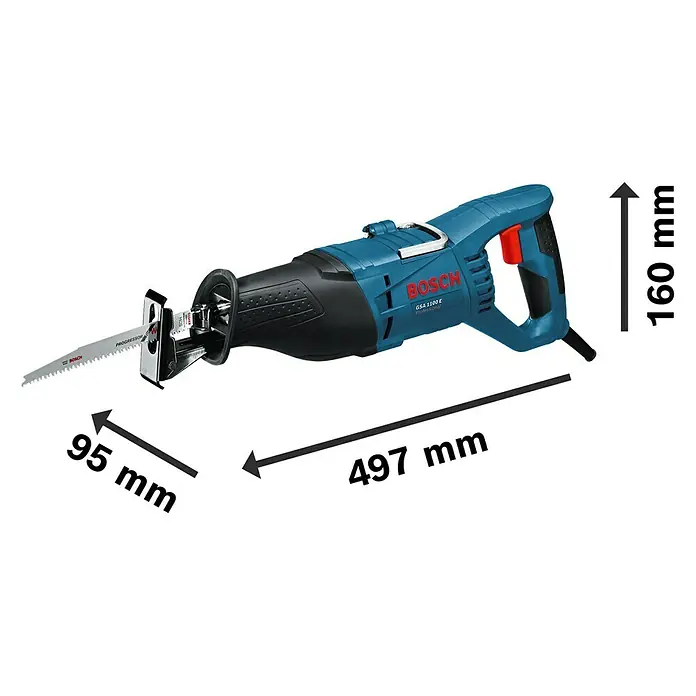 Bosch Professional Säbelsäge GSA 1100 E - 1.100 W, 2.700 /min - Abbildung einer Bosch GSA 1100 E Professional Säbelsäge mit Maßangaben zu Länge, Höhe und Sägeblatt.