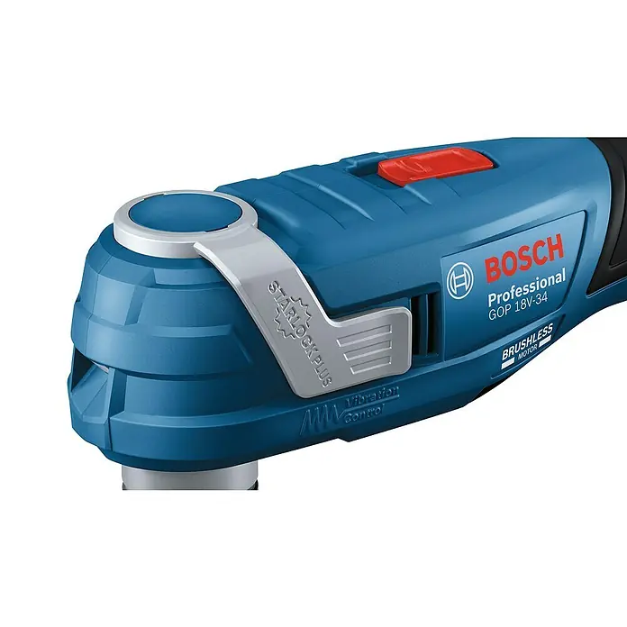 Bosch Professional AMPShare 18V Akku-Multifunktionswerkzeug GOP 18V-34 - 18 V, Ohne Akku - Nahaufnahme des Bosch GOP 18V-34 Professional Akku-Multifunktionswerkzeugs, das sich durch sein bürstenloses Design auszeichnet.